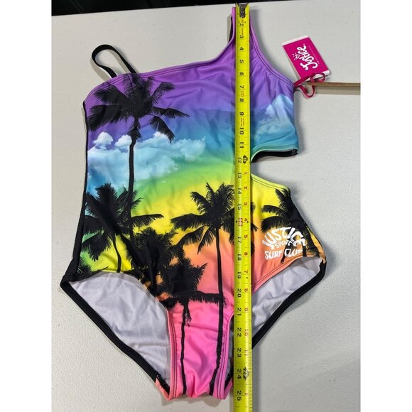 Justice Girls XL 16/18 One-Shoulder Cut-Out Swimsuit Rainbow Palm Print UPF 50+ - Picture 5 of 11